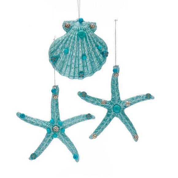 Teal Blue Starfish and Seashell Christmas Holiday Ornaments Set of 3 - Picture 1 of 4